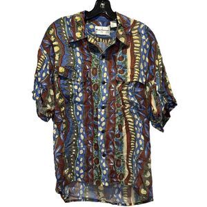 Hattie Carnegie Men's Button Front Shirt Vtg Multicolor Geometric Striped Silk M